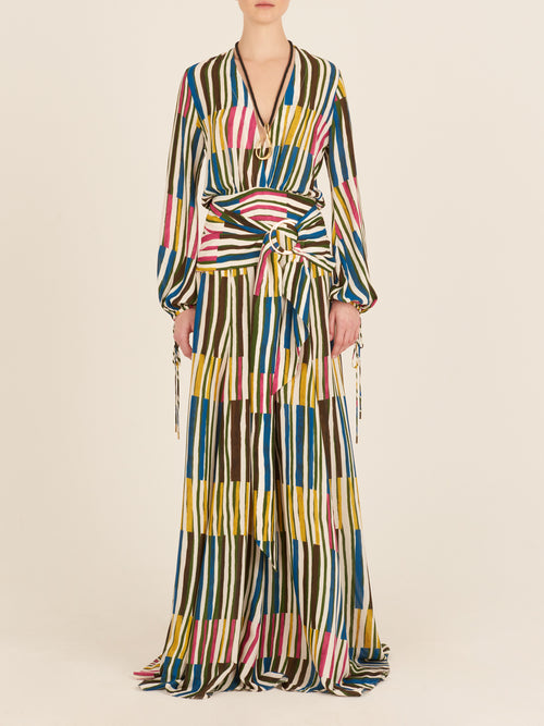 A Antionetta Dress Multi with a tie at the waist.