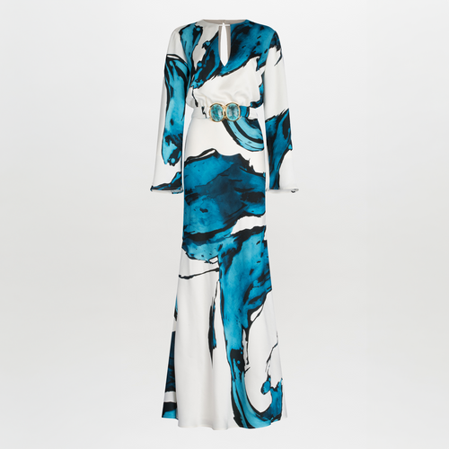 Fadia Dress Multi Abstract Waves with a circular resin buckle at the waist, isolated on a white background.