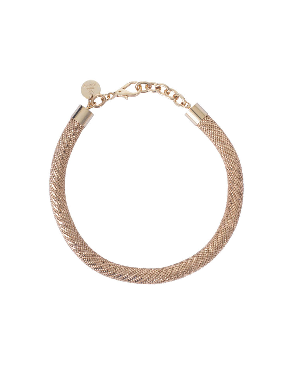 Fadila Necklace Gold plated brass mesh bracelet with a clasp, isolated on a white background.