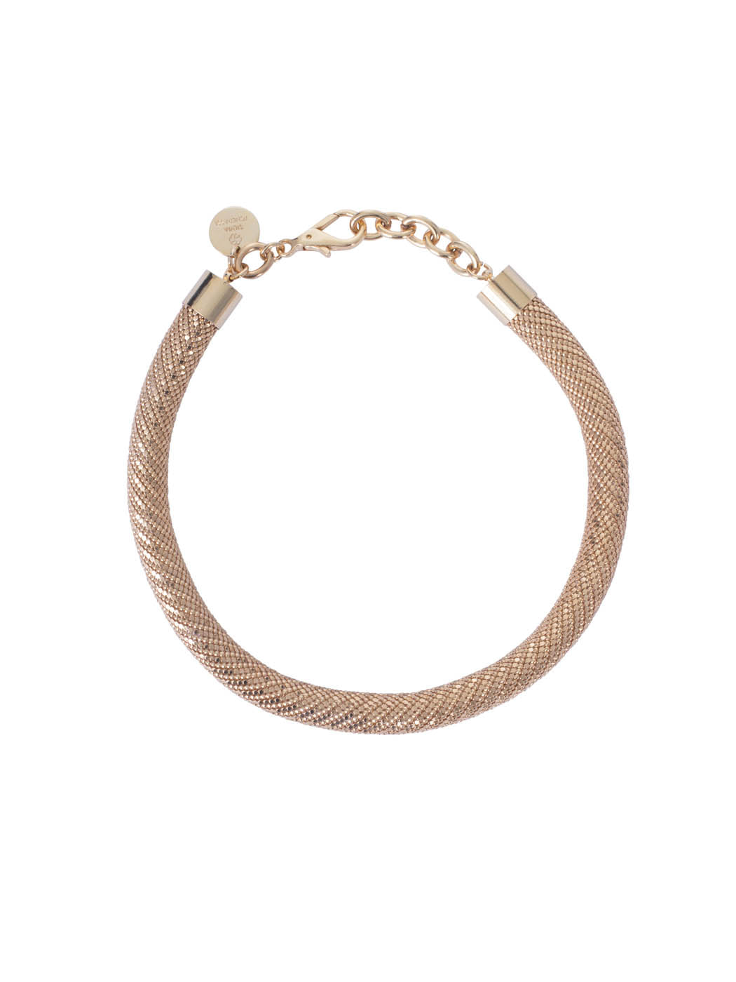 Fadila Necklace Gold plated brass mesh bracelet with a clasp, isolated on a white background.