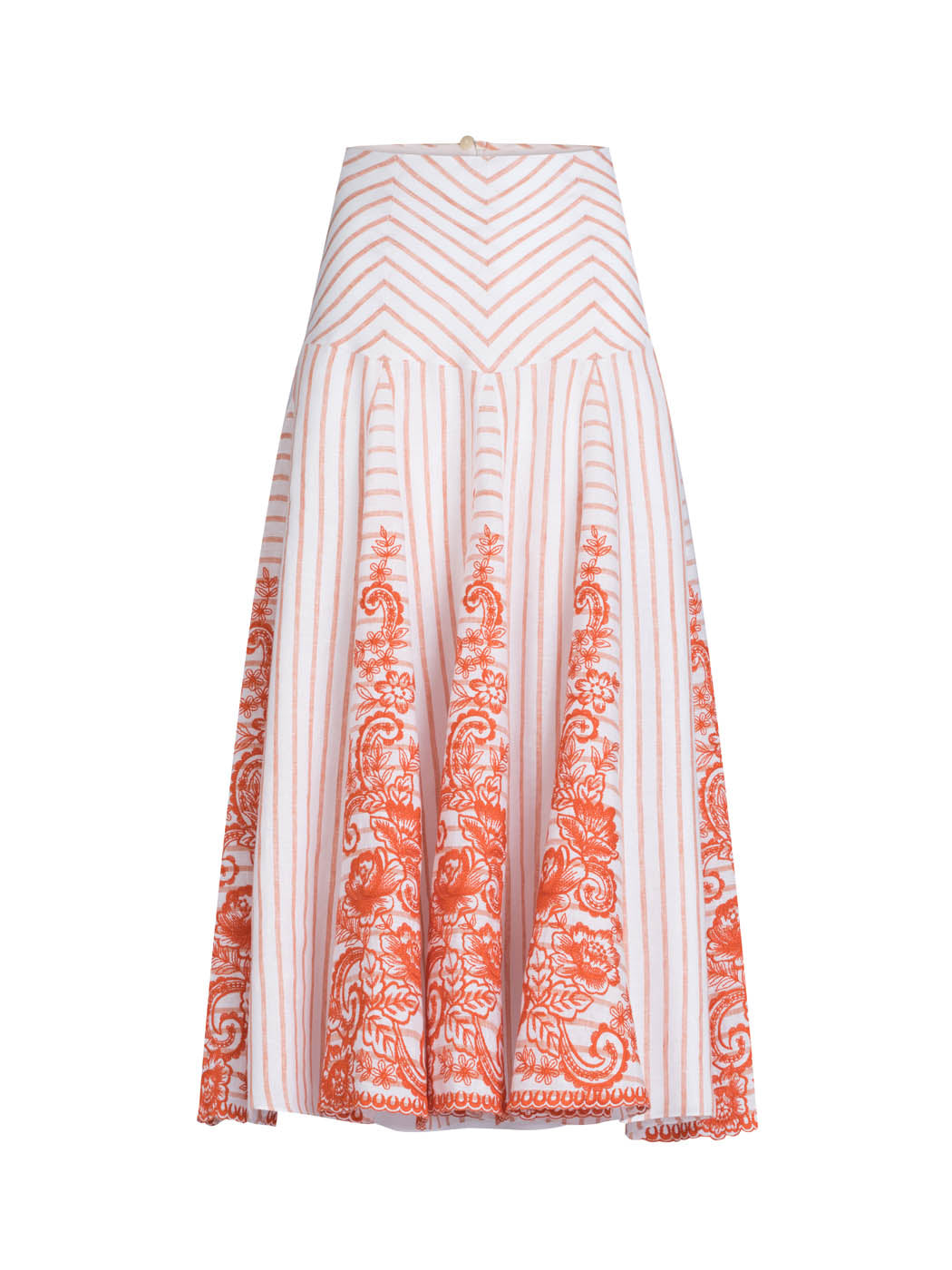 High waisted Fairus Skirt Coral Paisleys Stripes with intricate orange embroidery, isolated on a white background.