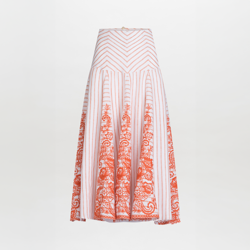 Lucaya Blouse Coral Paisleys Stripes with bell sleeves and orange paisley patterns on the cuffs, displayed on a plain background.