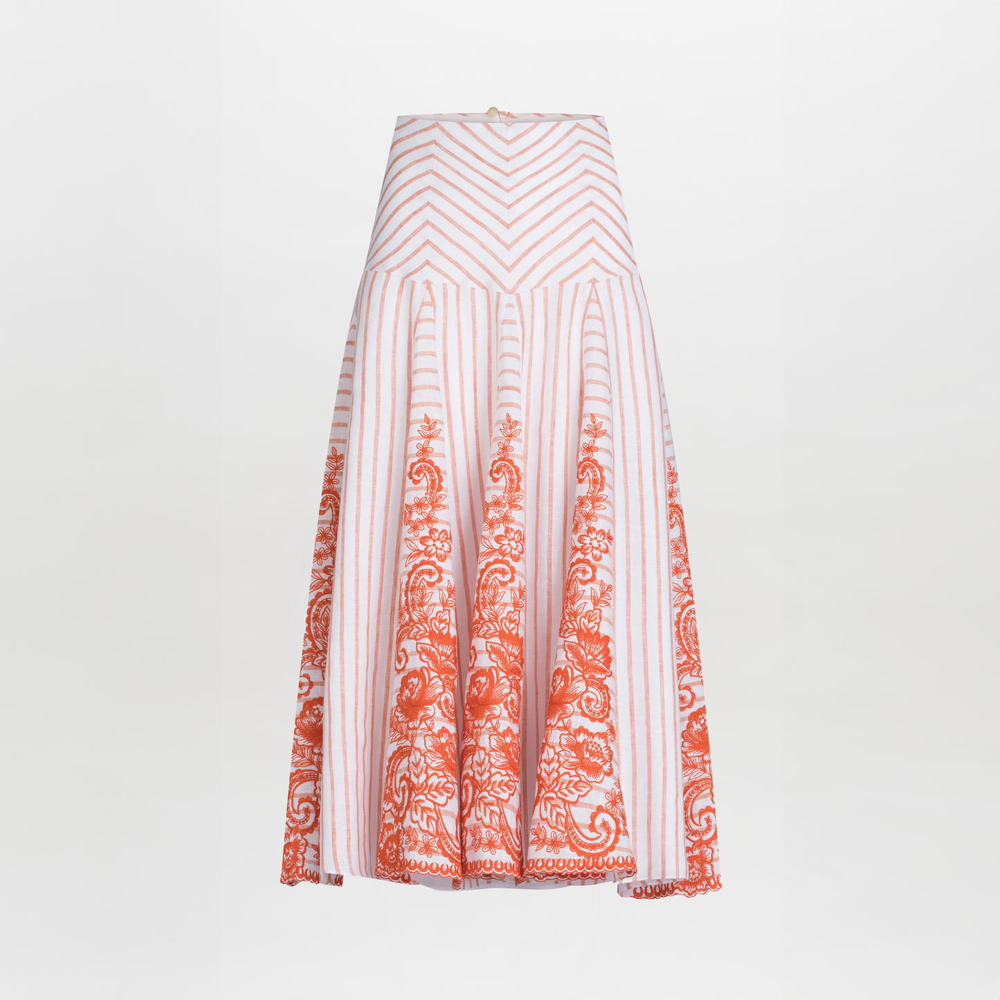 Lucaya Blouse Coral Paisleys Stripes with bell sleeves and orange paisley patterns on the cuffs, displayed on a plain background.