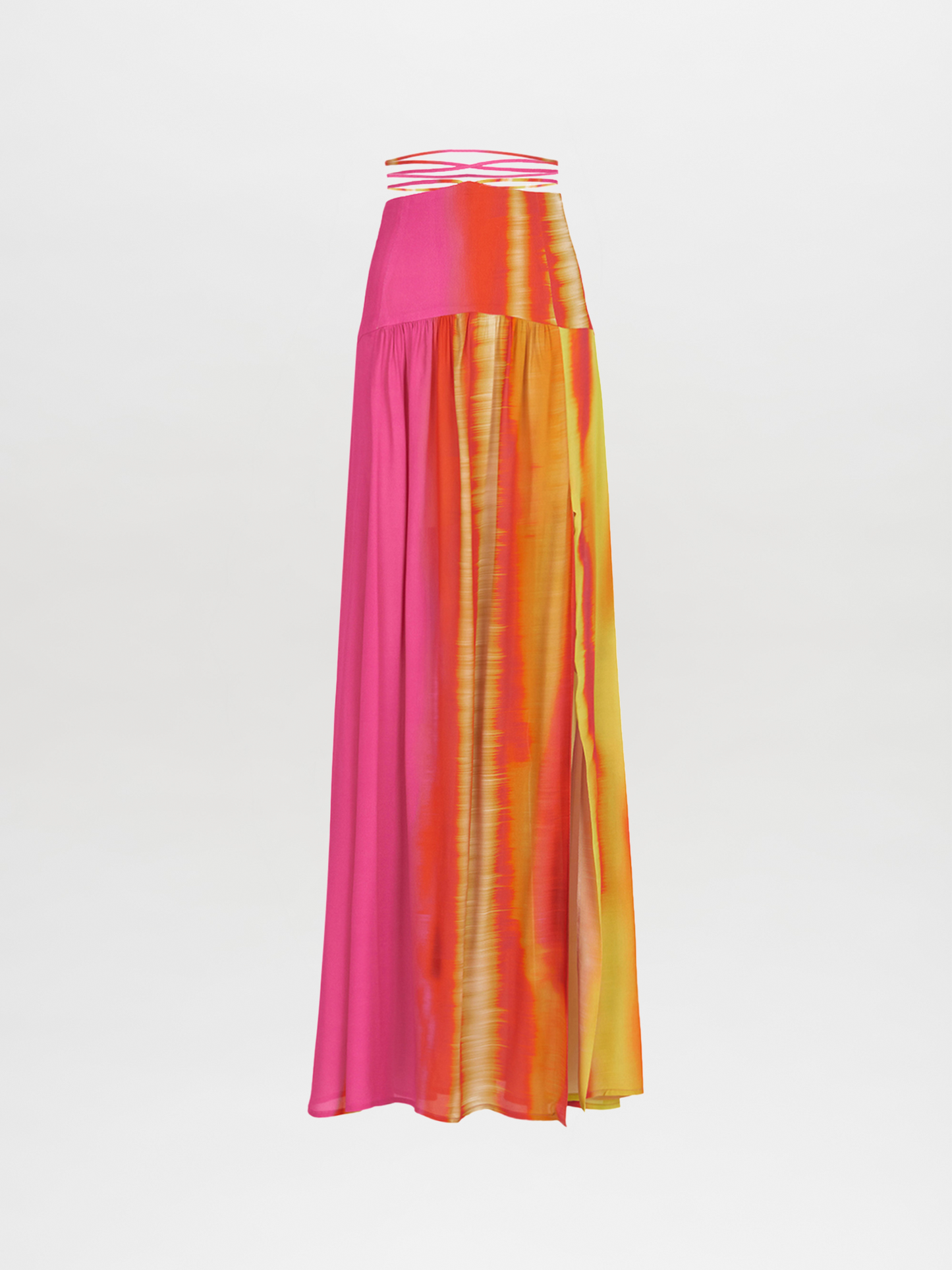 Floor-length Febe Skirt Fuschia Lime Stripes featuring a fuchsia and orange tie-dye pattern with a striped waistband, isolated on a white background.