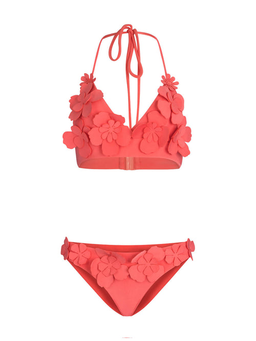 Felisa Top + Fermina Bikini Bottom Coral bikini set with 3D floral detailing on top and bottoms, isolated on a white background.