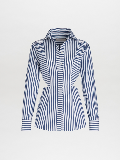 Fergie Top Blue Stripes with long sleeves and a shirt collar, displayed on a white background.