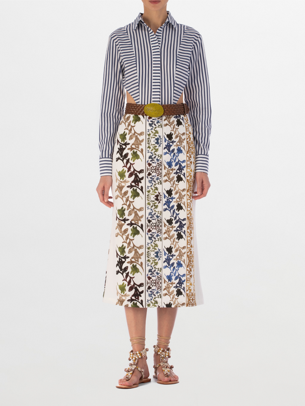 Long Atira Skirt Multi Sepia Floral with vertical multicolored abstract stripes isolated on white background.