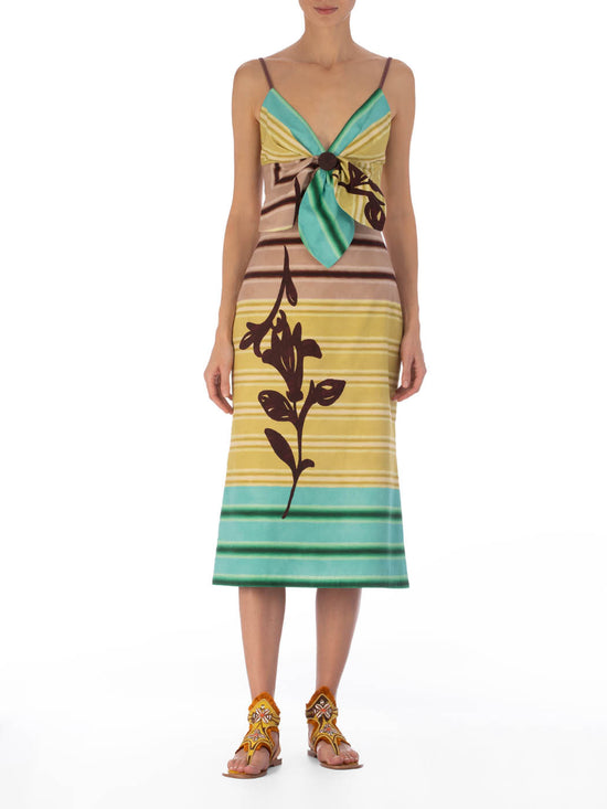 A-line high-waisted midi Atira Skirt Meadow View featuring horizontal multicolor stripes in brown, cream, yellow and teal, with a large brown floral print on the front.