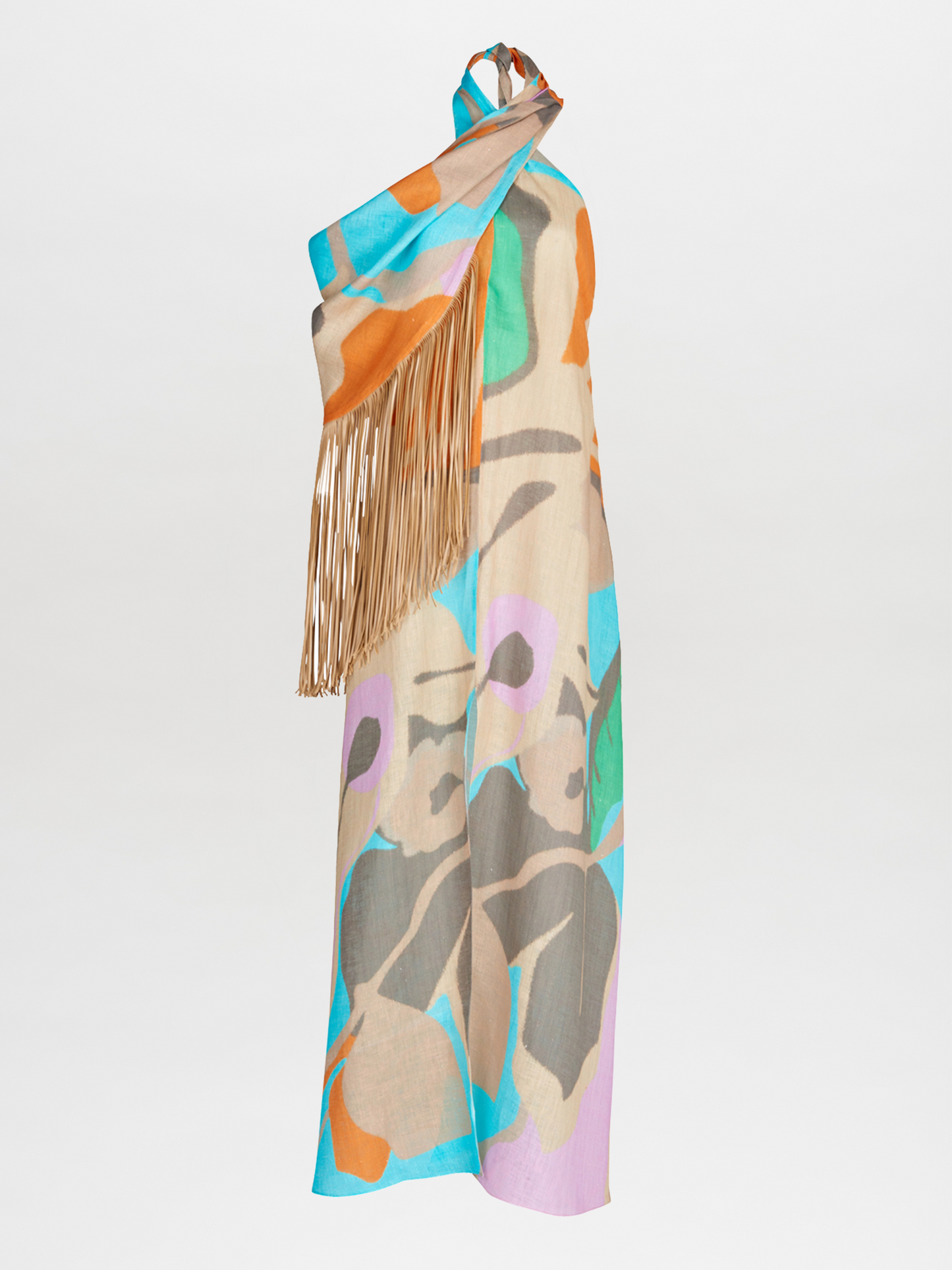 A Florence Tunic Pastel Multi Swirls with leather fringes on it.