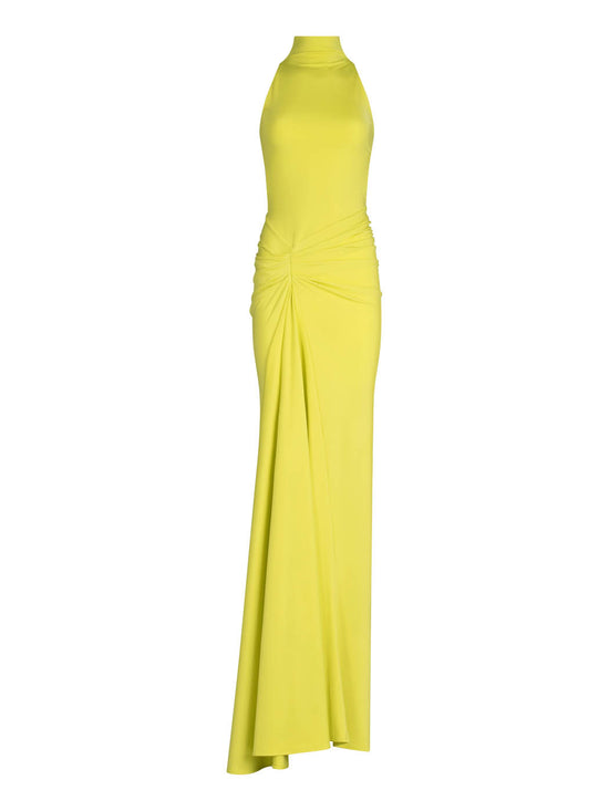 A Frances Dress Limoncello , sleeveless evening gown with exposed shoulders and gathered detailing at the waist, displayed on a mannequin against a white background.