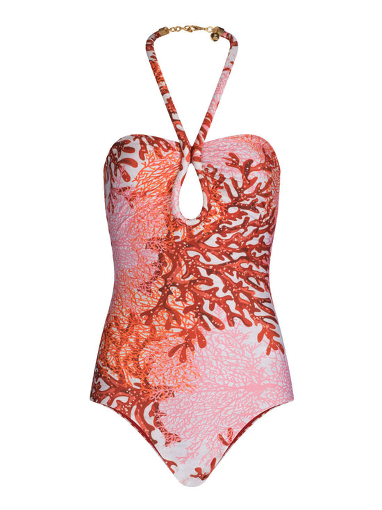 A Frazer Bodysuit Multi Coral with a multicolor coral print in shades of red and white, featuring a halter neckline and keyhole cutout.