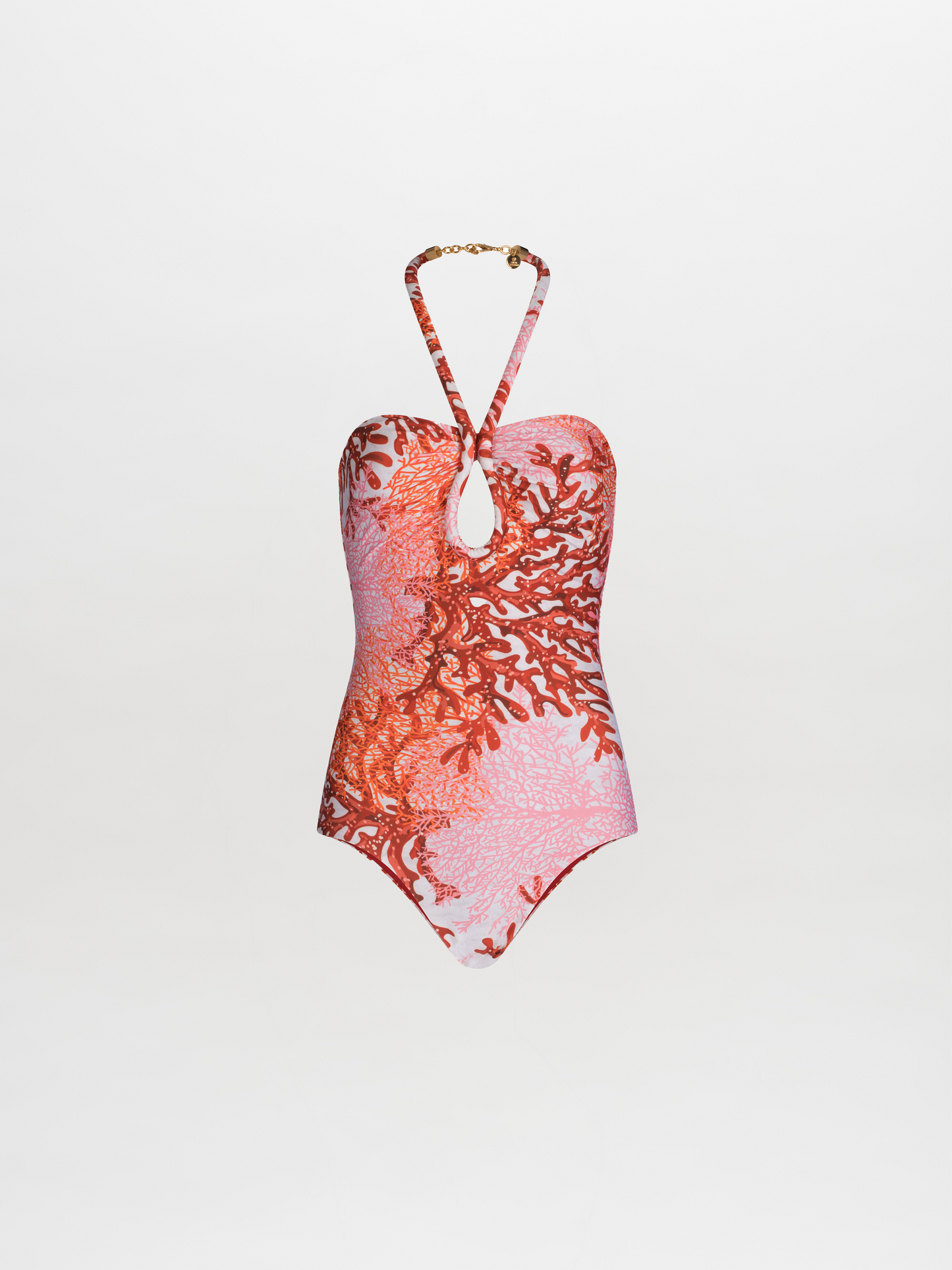 A Frazer Bodysuit Multi Coral with a multicolor coral print in shades of red and white, featuring a halter neckline and keyhole cutout.