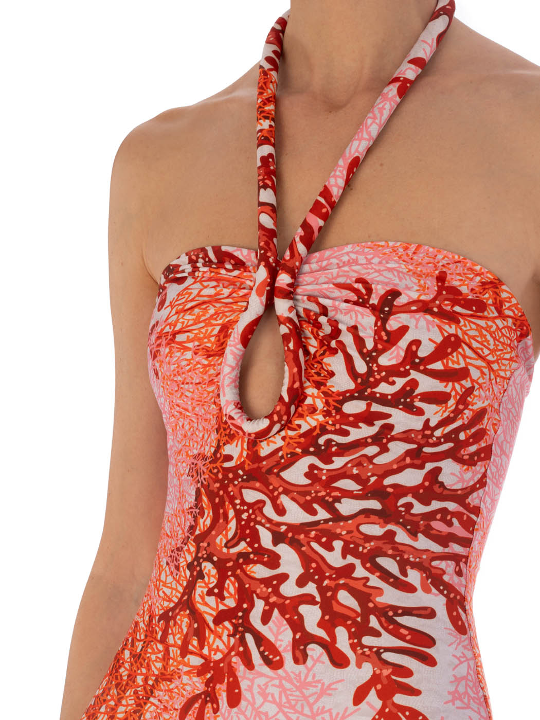 A Frazer Bodysuit Multi Coral with a multicolor coral print in shades of red and white, featuring a halter neckline and keyhole cutout.