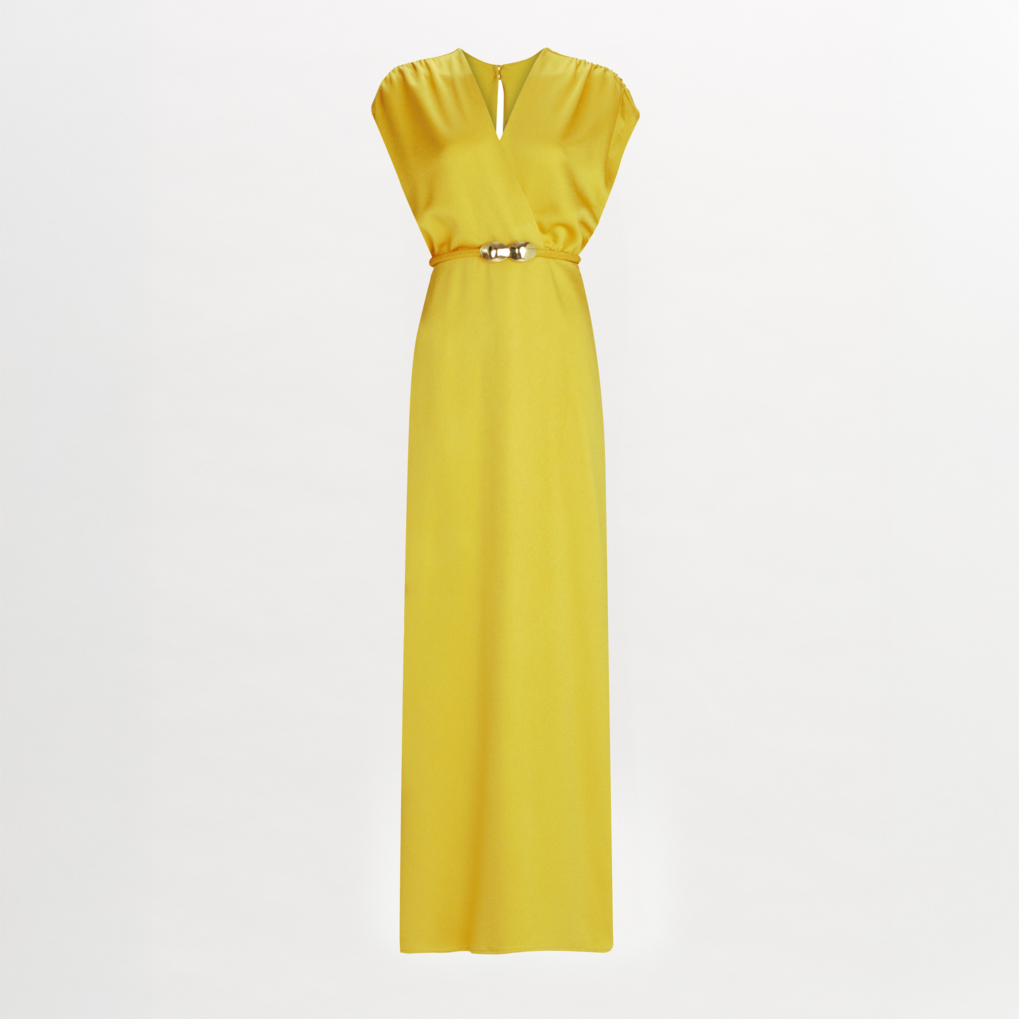 The Freda Dress is a sleeveless yellow hammered satin maxi featuring a V-neckline, keyhole detail, cinched waist with metallic belt accent, and fitted silhouette, displayed against a white background.