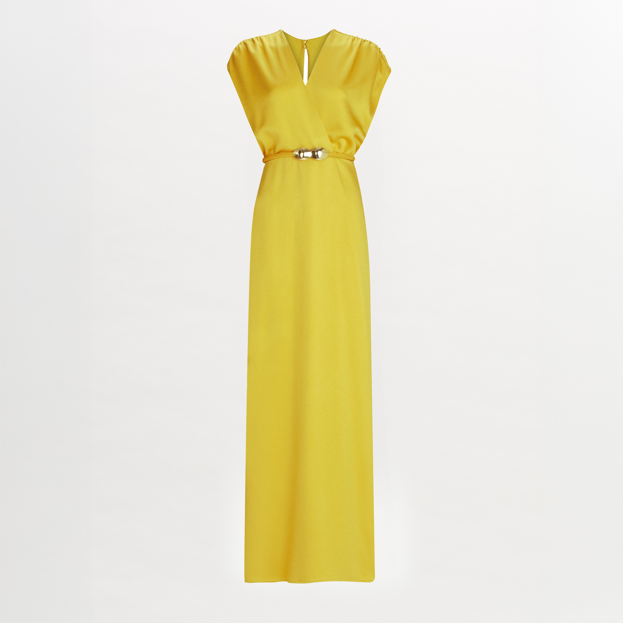 The Freda Dress is a sleeveless yellow hammered satin maxi featuring a V-neckline, keyhole detail, cinched waist with metallic belt accent, and fitted silhouette, displayed against a white background.
