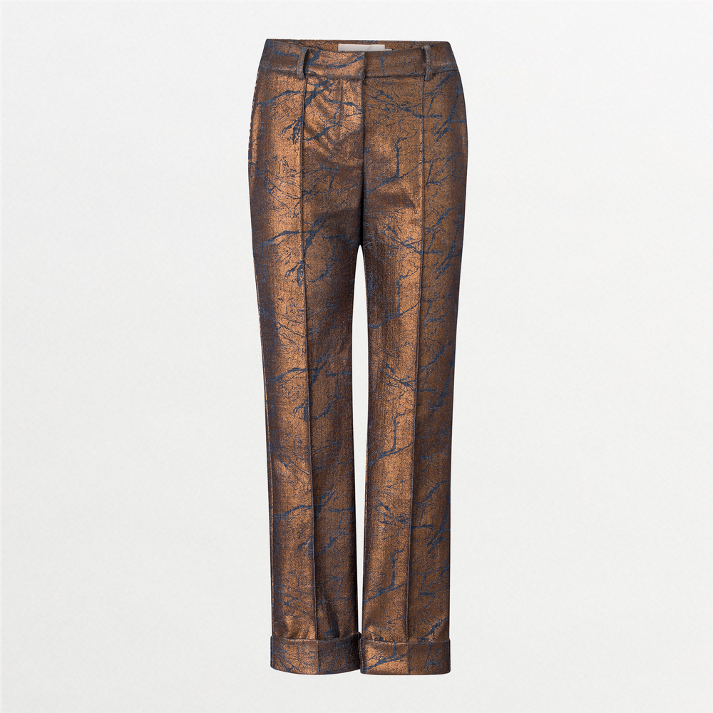 The Garmet Pant features a bronze metallic sheen, mid-rise cropped fit, straight leg, subtle branch pattern, front pockets, and cuffed hems. Displayed against a plain white background.