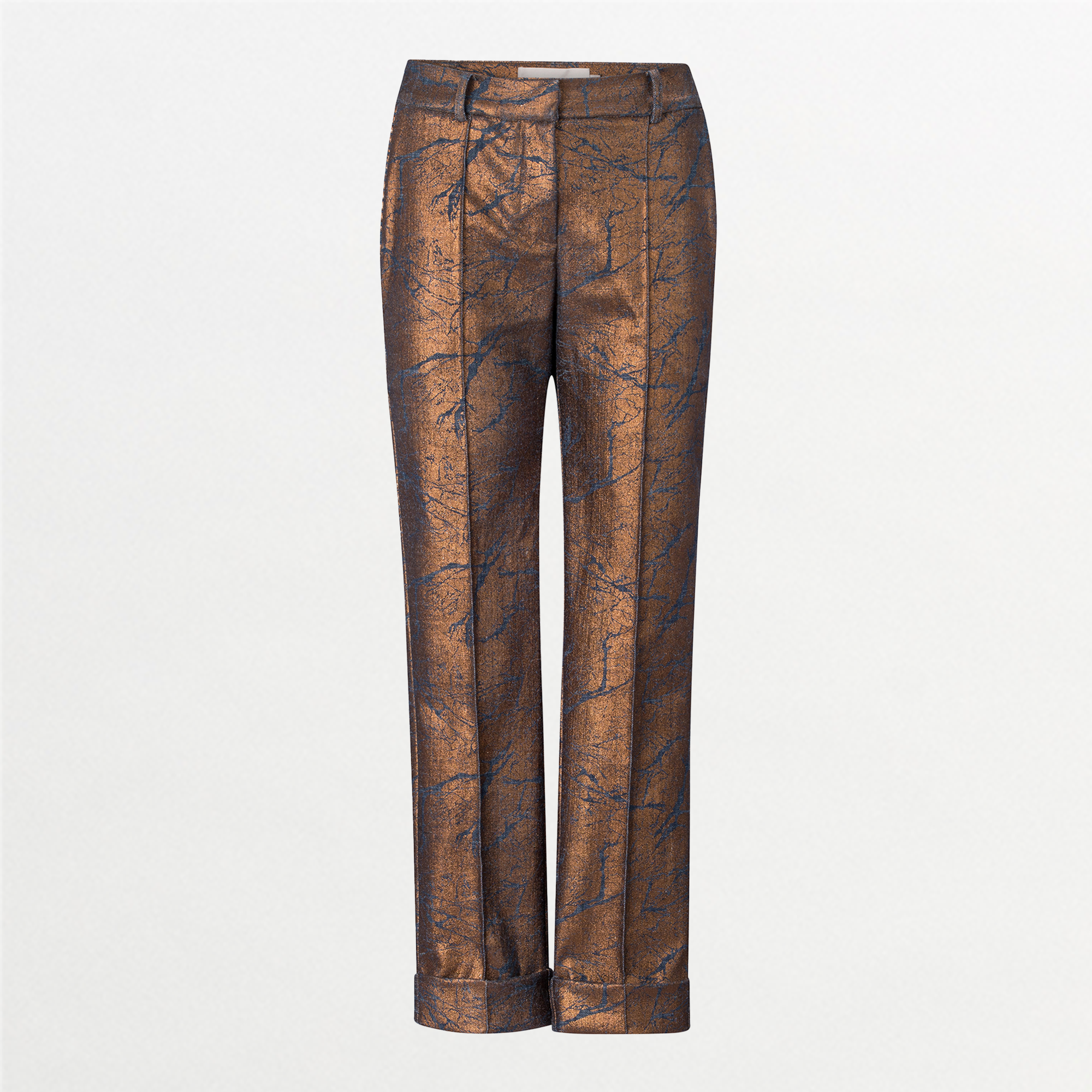 The Garmet Pant features a bronze metallic sheen, mid-rise cropped fit, straight leg, subtle branch pattern, front pockets, and cuffed hems. Displayed against a plain white background.