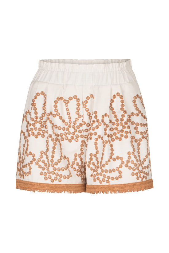 High waisted Giorgio shorts with embroidered details in white and tan.