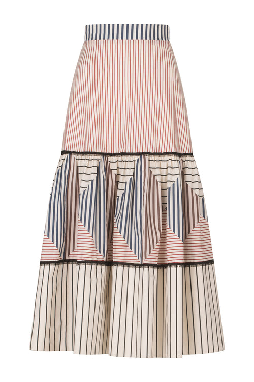 A Guillermina Skirt Multicolor Stripes with high waisted skirt with contrasting black and white stripes.