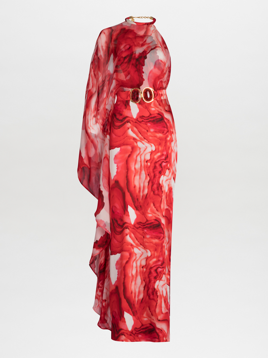 Mannequin dressed in a Gael Dress Multi Abstract Rouge, featuring a removable belt with marbled resin buckles, high neckline, and a lightweight chiffon drape on