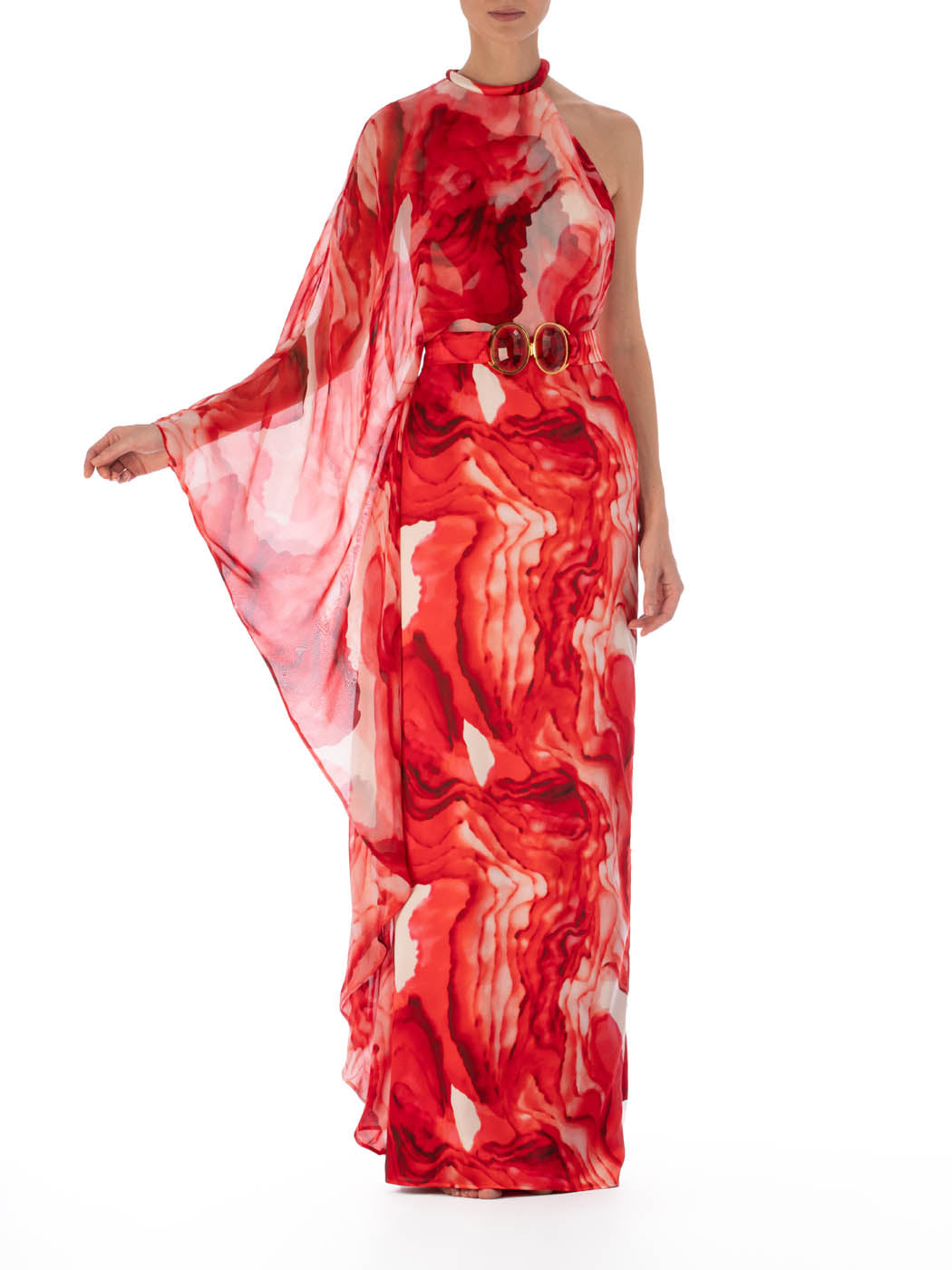 Mannequin dressed in a Gael Dress Multi Abstract Rouge, featuring a removable belt with marbled resin buckles, high neckline, and a lightweight chiffon drape on