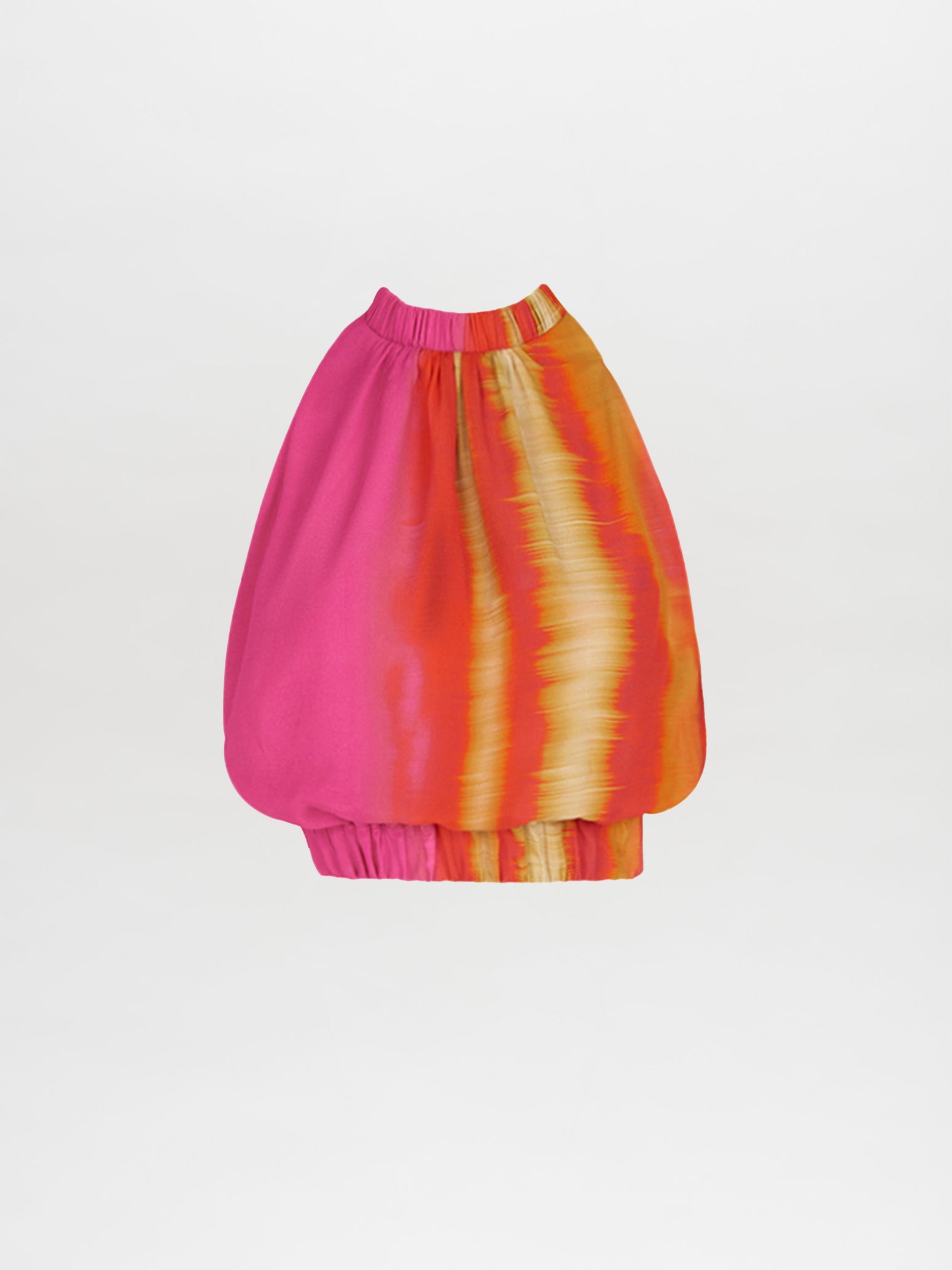 A colorful, balloon-style skirt with a vibrant pink, orange, and yellow tie-dye design, featuring an elastic waistband and hem—a timeless selection that pairs perfectly with the Leire Blouse Fuschia Lime Stripes.