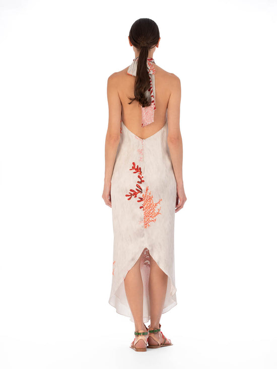 Galia Dress Multi Coral with a high neckline and sleeveless design, displayed against a plain background.