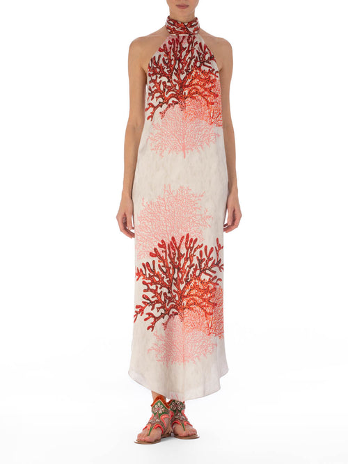Galia Dress Multi Coral with a high neckline and sleeveless design, displayed against a plain background.