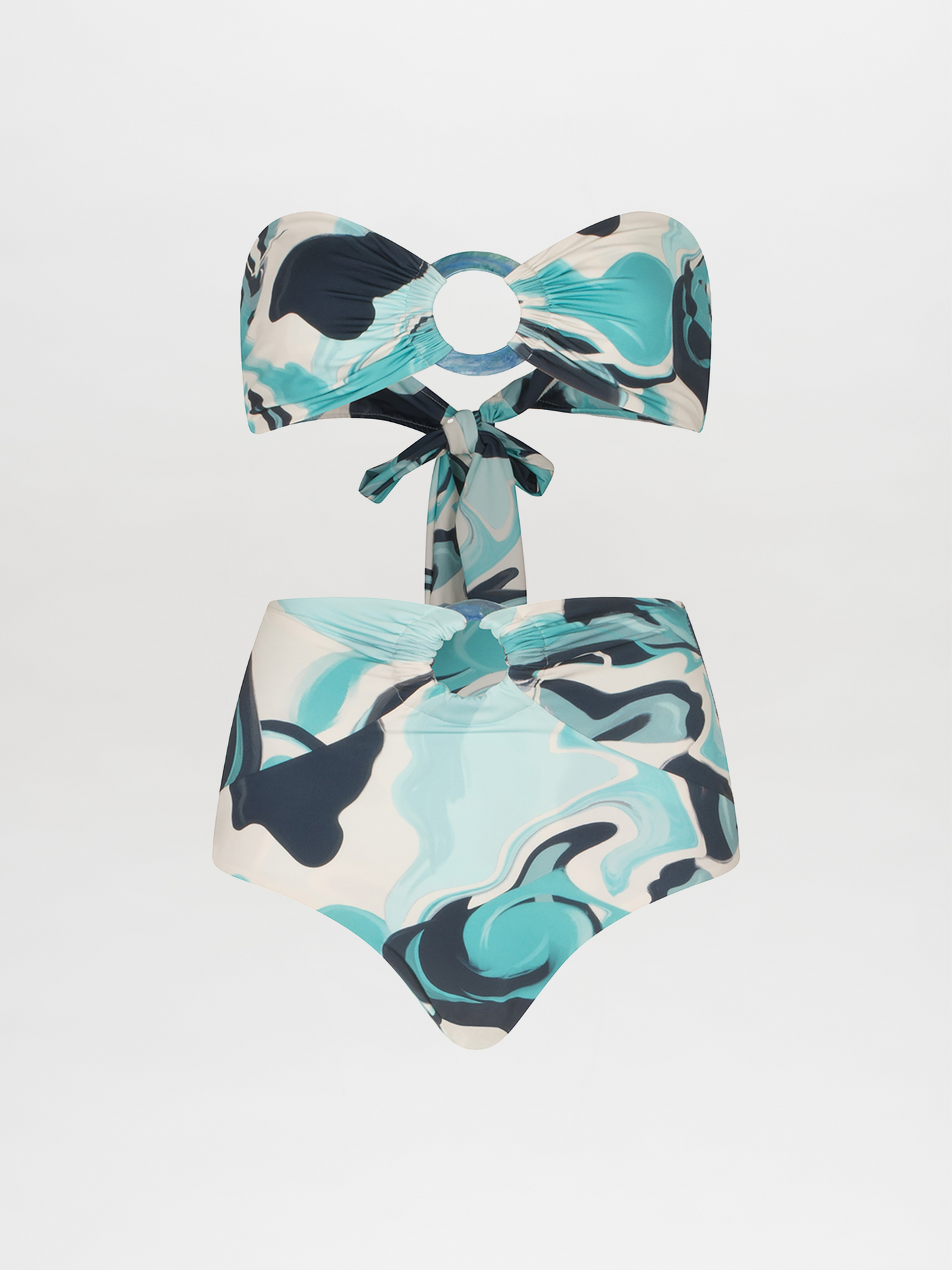 A Garlenda Top + Lecco Bikini Turquoise Marble with an abstract print and resin ring detail in blue and white.