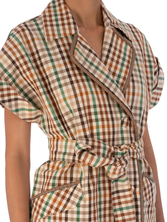 Short-sleeved, Georgia Trench Wilmington Tan Stripes with a collar, buttons down the front, and a waist tie, isolated on a white background.