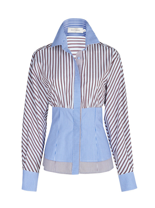 A Giorizia Blouse Blue Brown with a collar in blue and white.