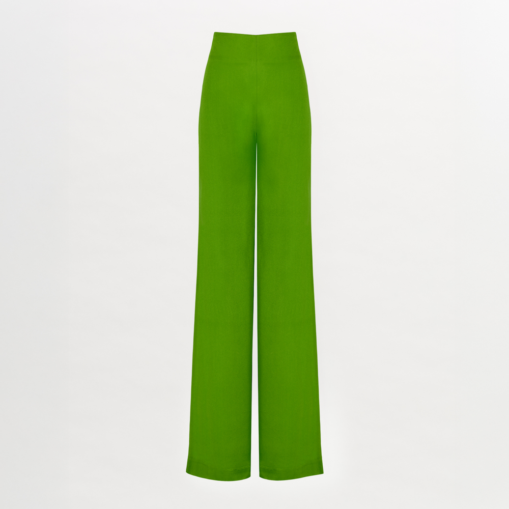 A woman's versatile high-rise Grotte Pant Lime wide leg pants on a white background.