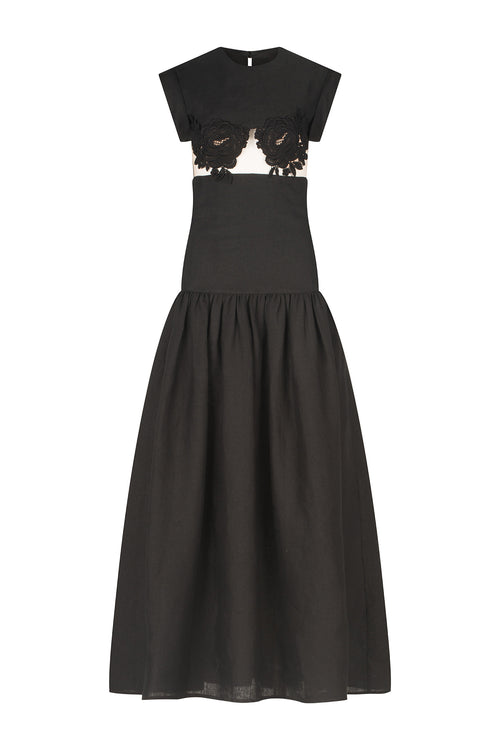A Hanane Dress Black with guipure lace detailing.