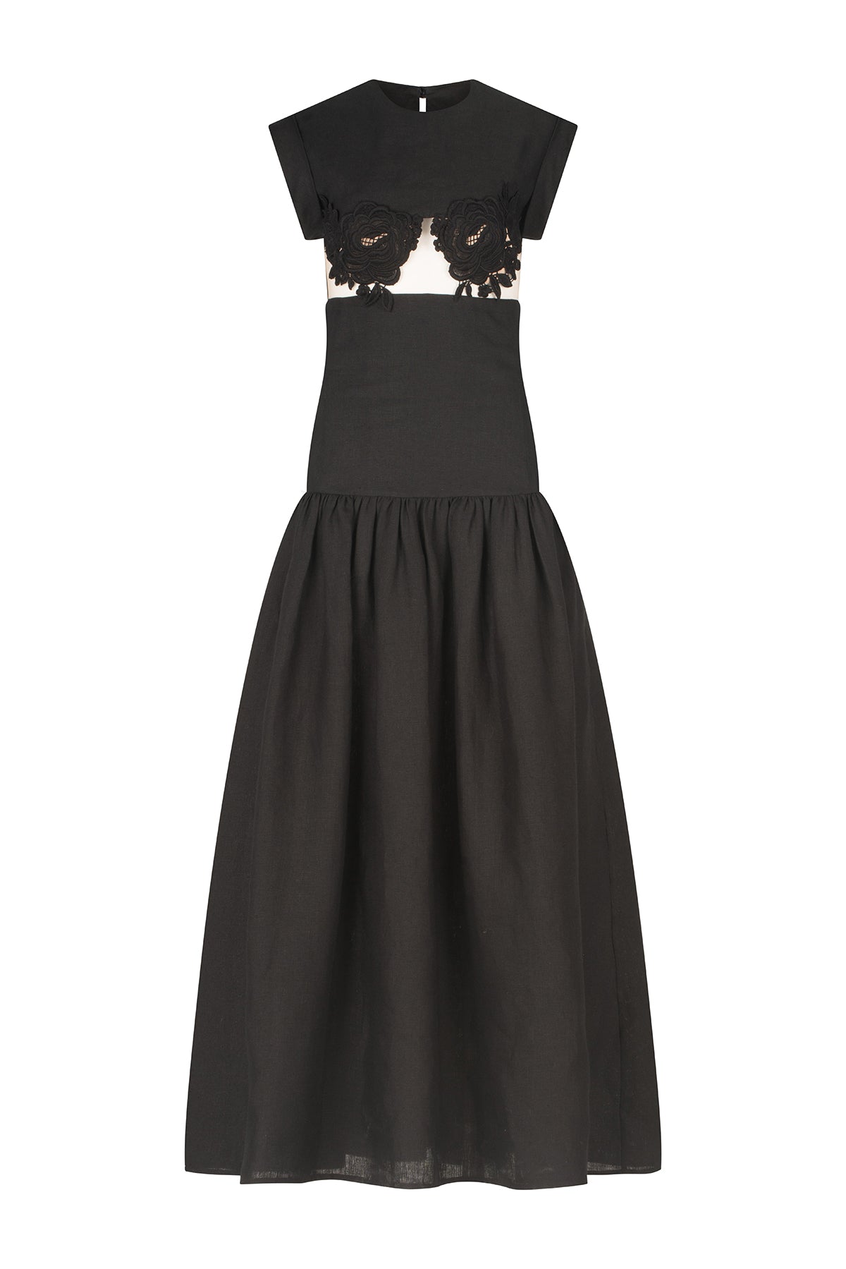 A Hanane Dress Black with guipure lace detailing.