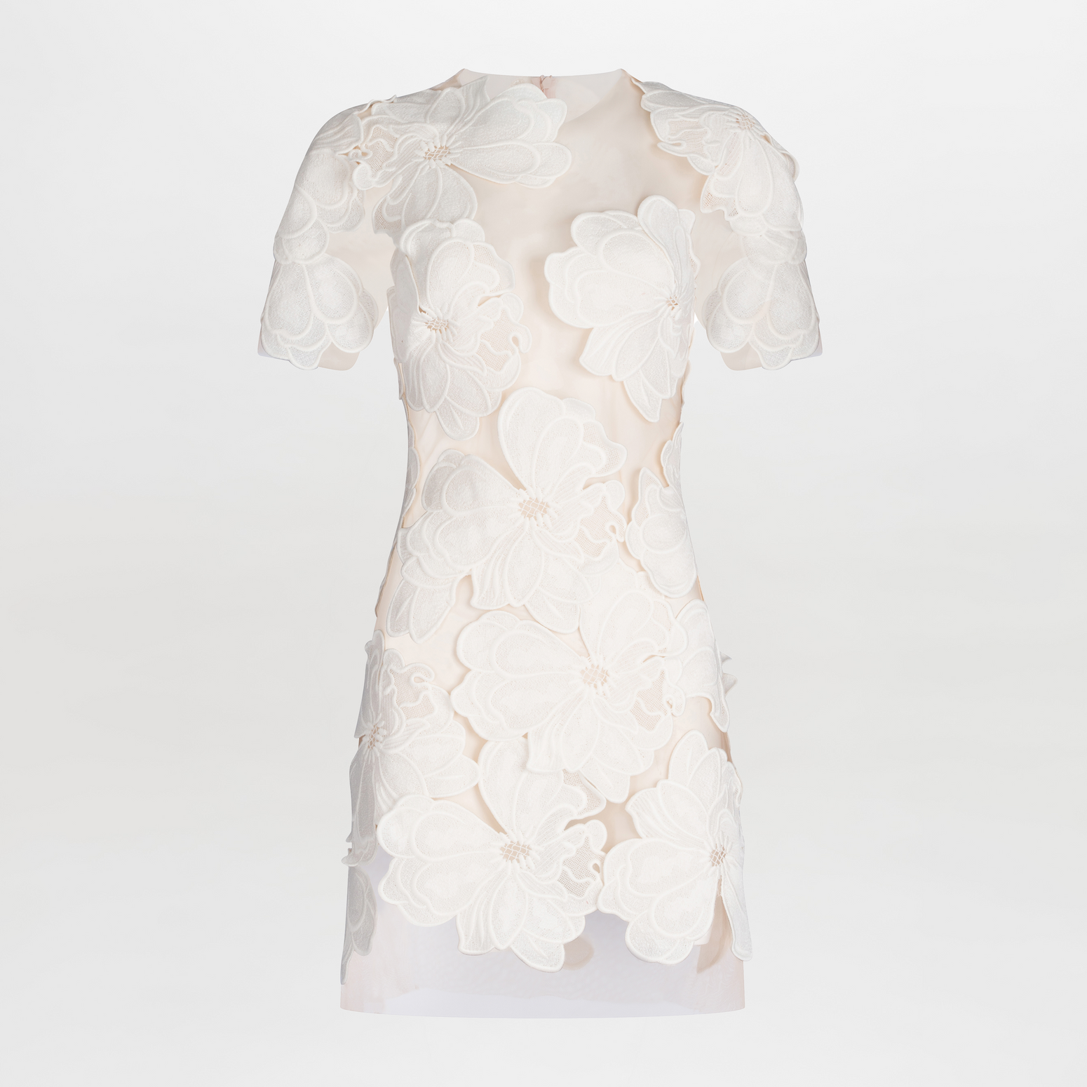 Hada Dress Multi Floral White with floral appliqué design, available for pre-order.