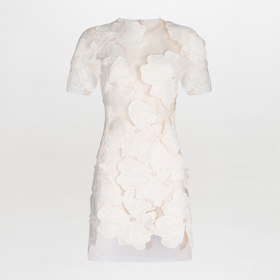 Hada Dress Multi Floral White with floral appliqué design, available for pre-order.