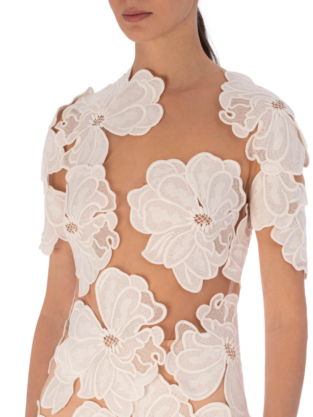 Hada Dress Multi Floral White with floral appliqué design, available for pre-order.