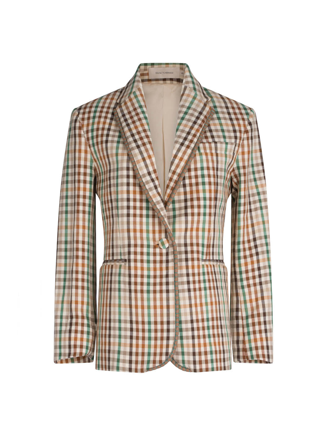 A Haimi Jacket Wilmington Tan Stripes with a notched lapel and front pockets, displayed against a white background.