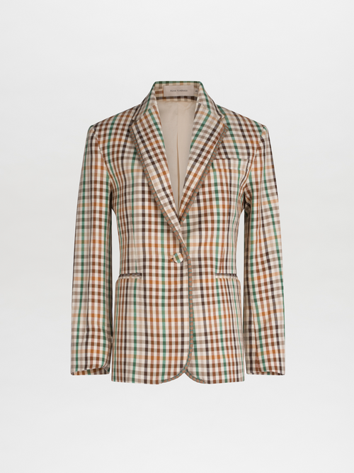 A Haimi Jacket Wilmington Tan Stripes with a notched lapel and front pockets, displayed against a white background.