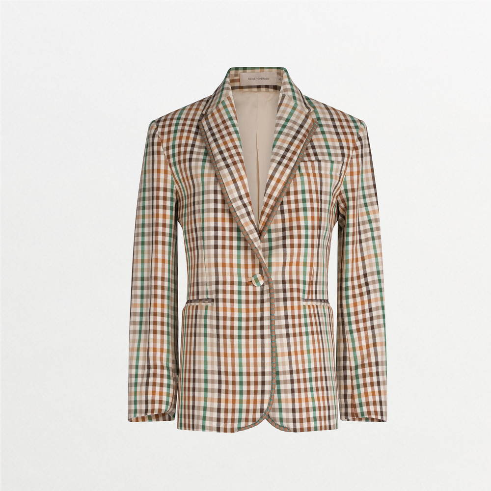The Haimi Jacket is a relaxed fit, single-breasted plaid jacket in brown, orange, green, and beige cotton-linen, with two front pockets and classic notched lapels.