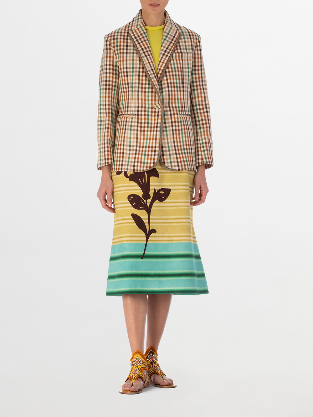 The Haimi Jacket is a relaxed fit, single-breasted plaid jacket in brown, orange, green, and beige cotton-linen, with two front pockets and classic notched lapels.