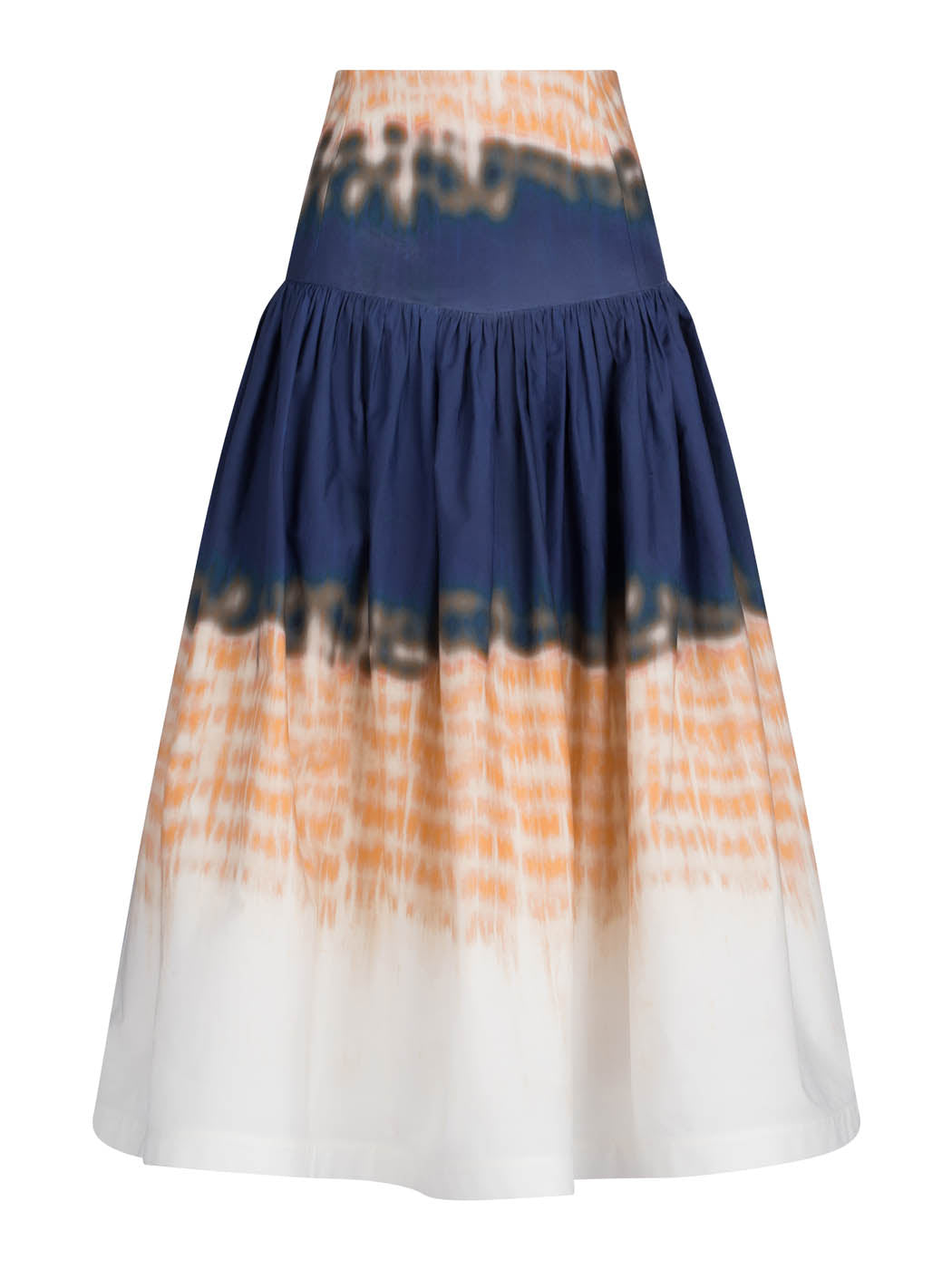 A-line midi skirt with a Halsey Skirt Mediterranean Coral Blue top panel that transitions into an abstract multicolor print on the lower section.