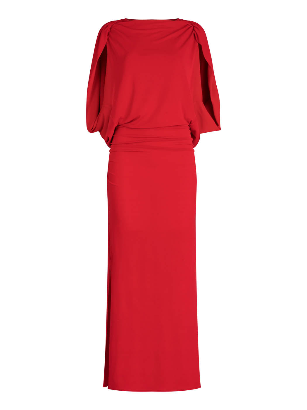 Harriet Dress Rouge evening dress with draped boat neckline, elbow-length sleeves, and a fitted waist on a white background.