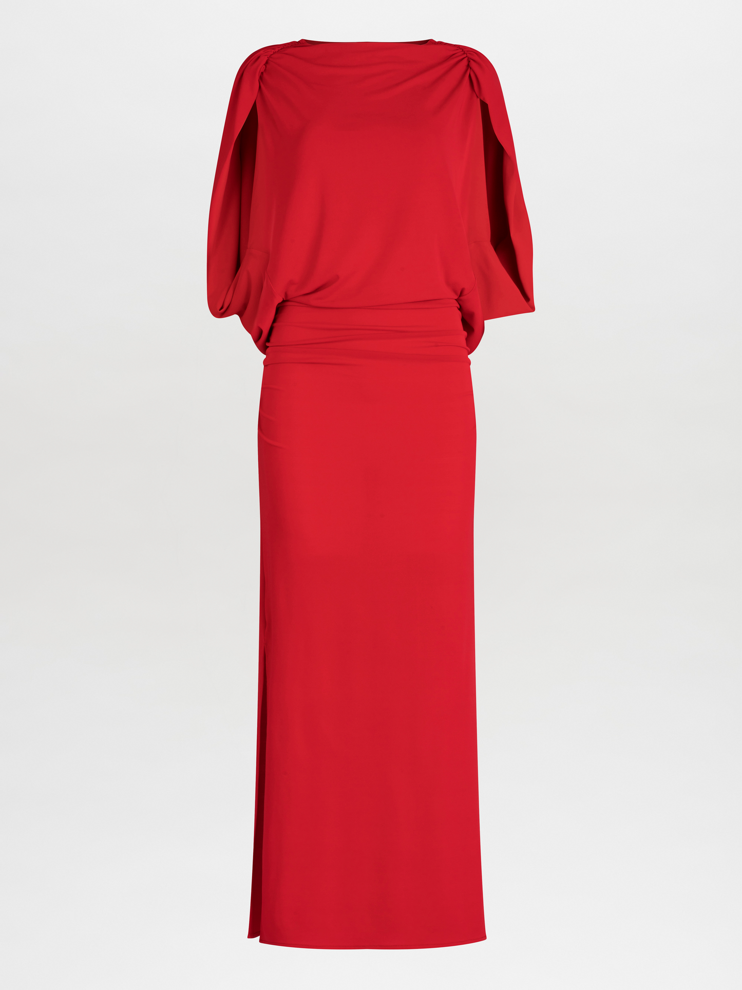 Harriet Dress Rouge evening dress with draped boat neckline, elbow-length sleeves, and a fitted waist on a white background.