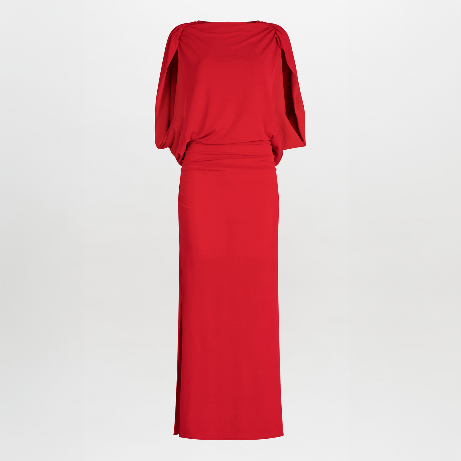 Harriet Dress Rouge evening dress with draped boat neckline, elbow-length sleeves, and a fitted waist on a white background.