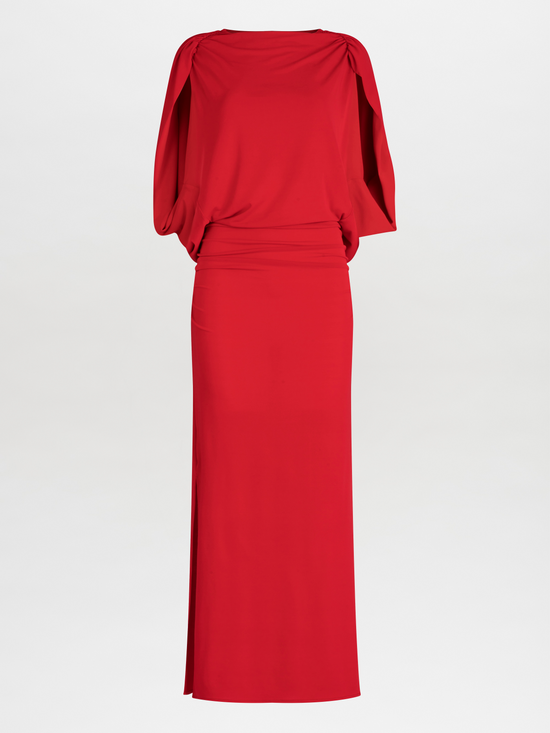 Harriet Dress Rouge evening dress with draped boat neckline, elbow-length sleeves, and a fitted waist on a white background.