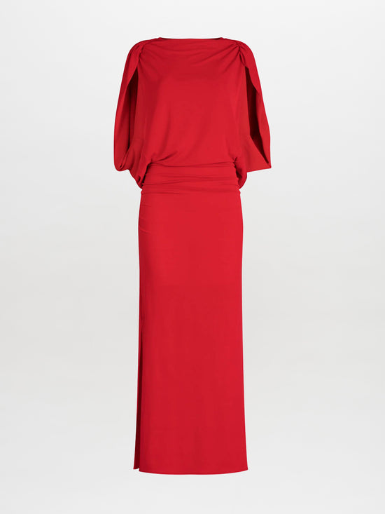 Harriet Dress Rouge evening dress with draped boat neckline, elbow-length sleeves, and a fitted waist on a white background.