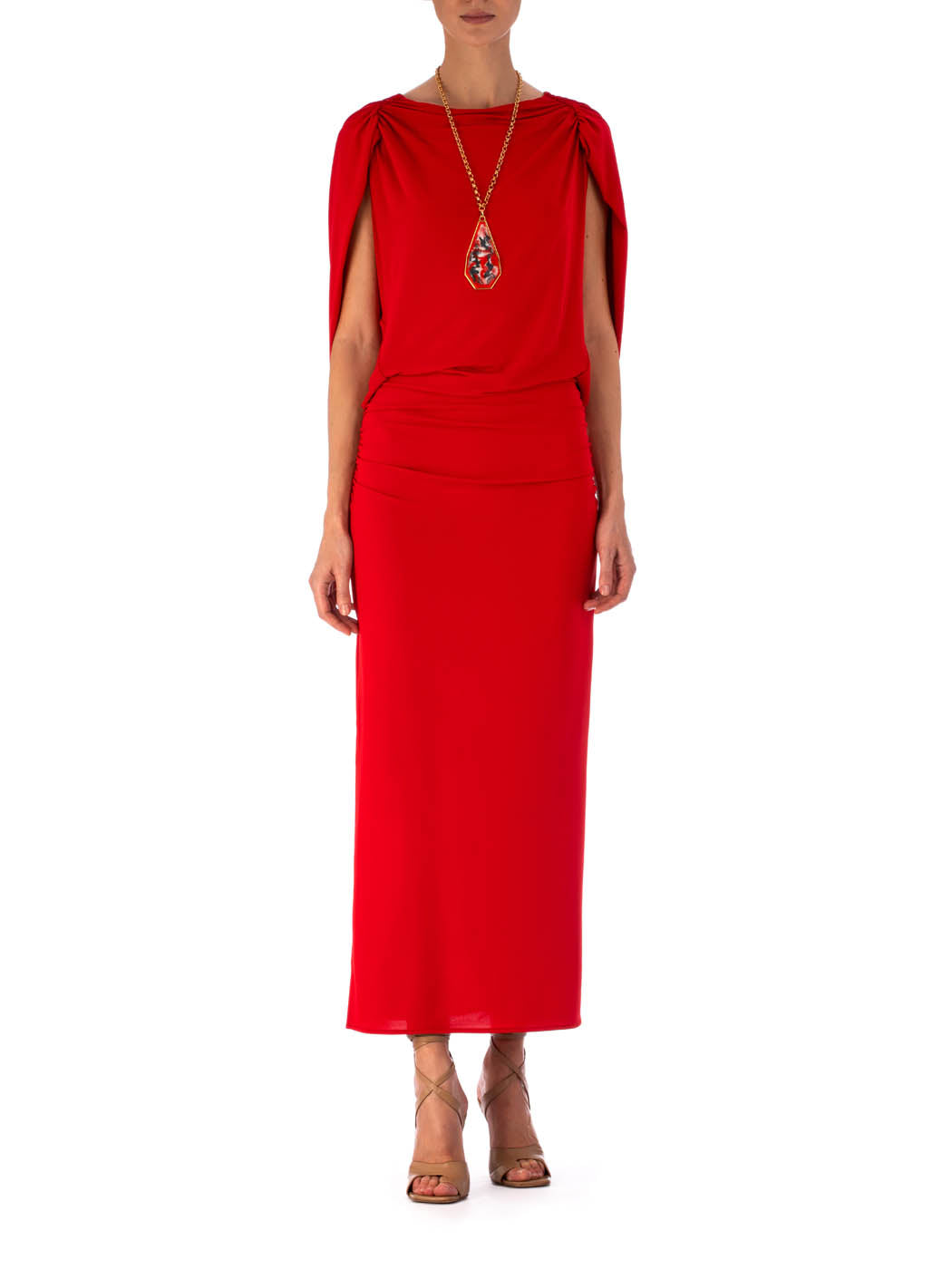 Harriet Dress Rouge evening dress with draped boat neckline, elbow-length sleeves, and a fitted waist on a white background.