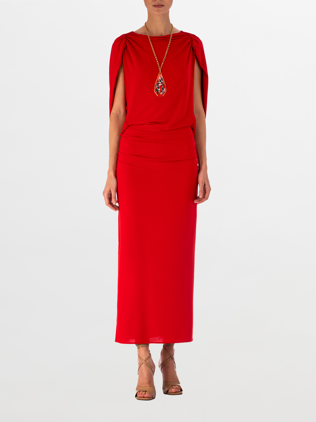 Harriet Dress Rouge evening dress with draped boat neckline, elbow-length sleeves, and a fitted waist on a white background.