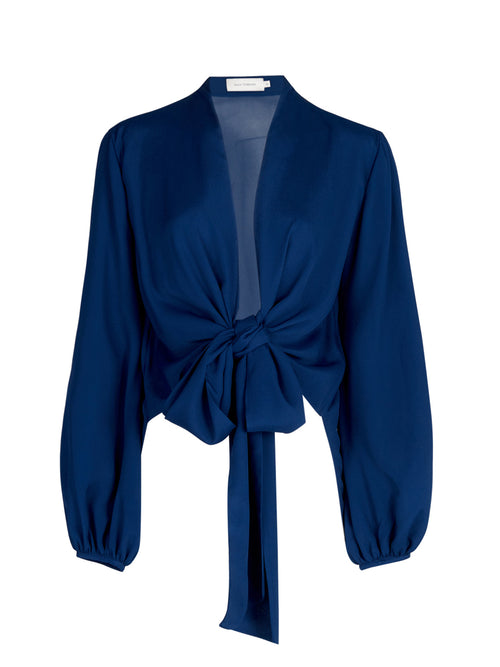 A Honey Blouse Navy with a tie at the neck, designed in a flattering cut.